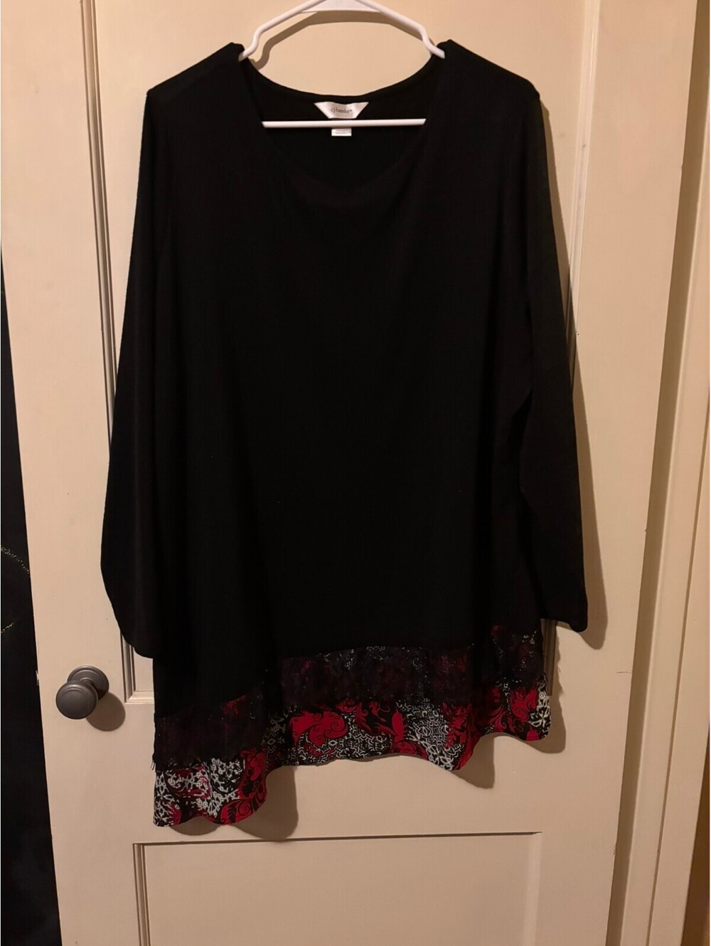 CJ Banks Women's Black Tunic Top with Red and White Patterned Hem, Size 2X